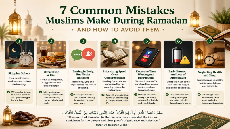 Common Mistakes Muslims Make During Ramadan and How to Avoid Them infographic highlighting common fasting mistakes and practical Islamic solutions.