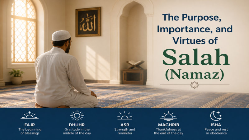 A Muslim sitting in prayer inside a mosque, illustrating the purpose, importance, and virtues of Salah (Namaz) in Islam.