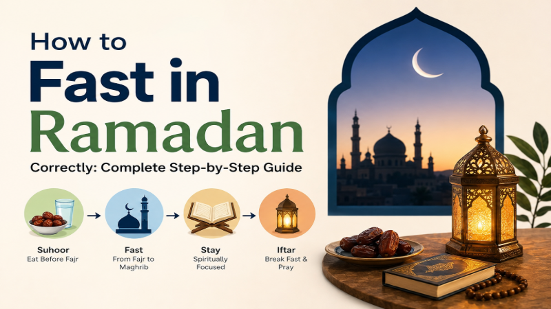 How to Fast in Ramadan Correctly step-by-step infographic showing Suhoor, Fajr, fasting during the day, and Iftar according to the Sunnah.